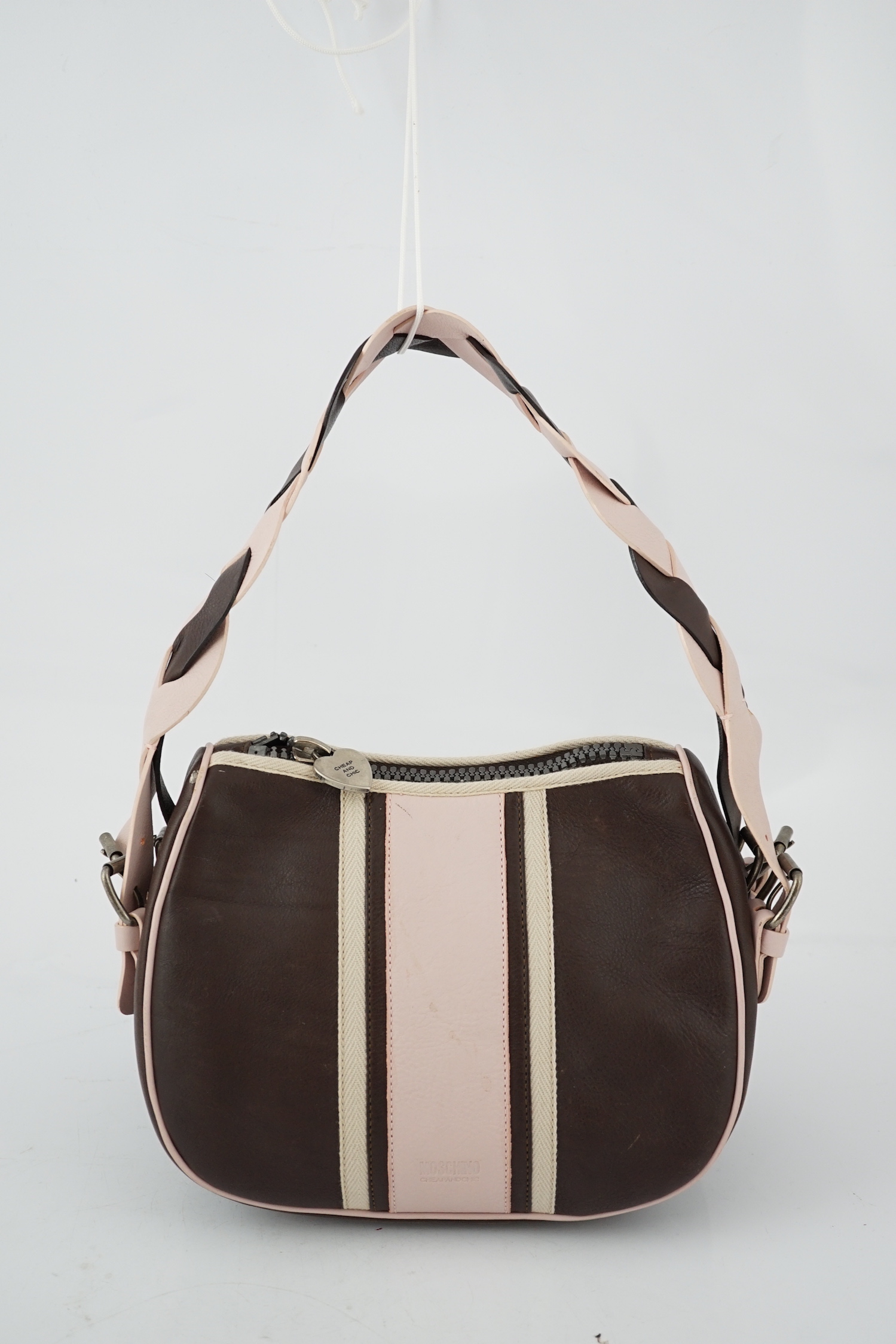 A Moschino Cheap and Chic brown and powder pink shoulder bag, height 18cm, height to handle 30cm, width 28cm, depth 15cm